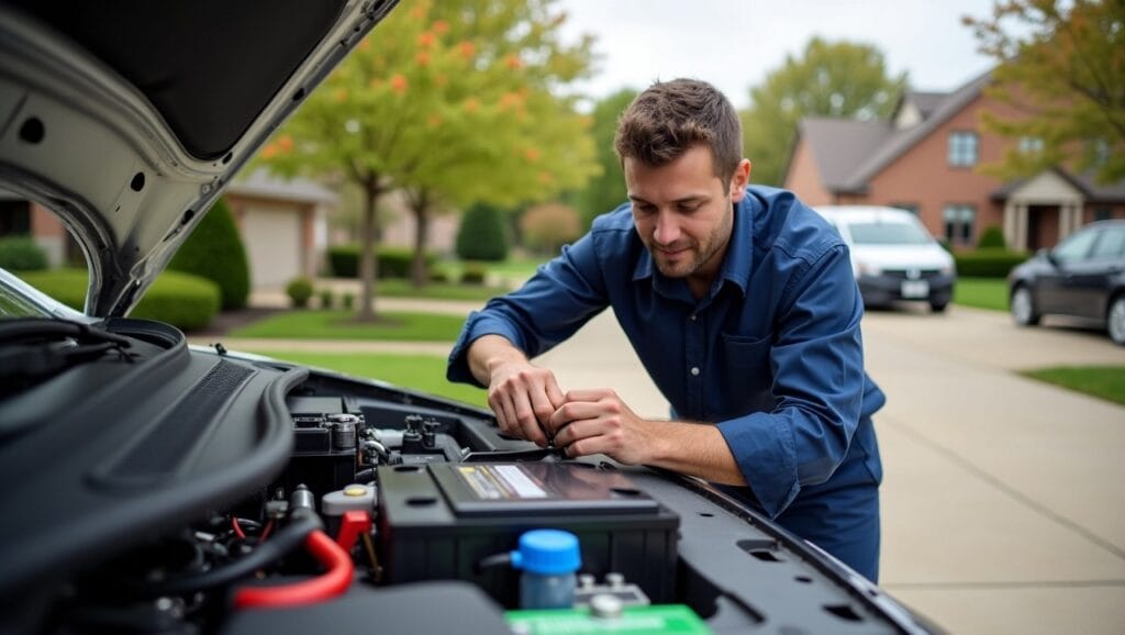 A professional mobile mechanic in uniform replacing a car battery in a residential driveway in Columbus, OH, with tools neatly arranged and a service van nearby. The setting shows a typical suburban neighborhood with a focus on convenience and reliability.