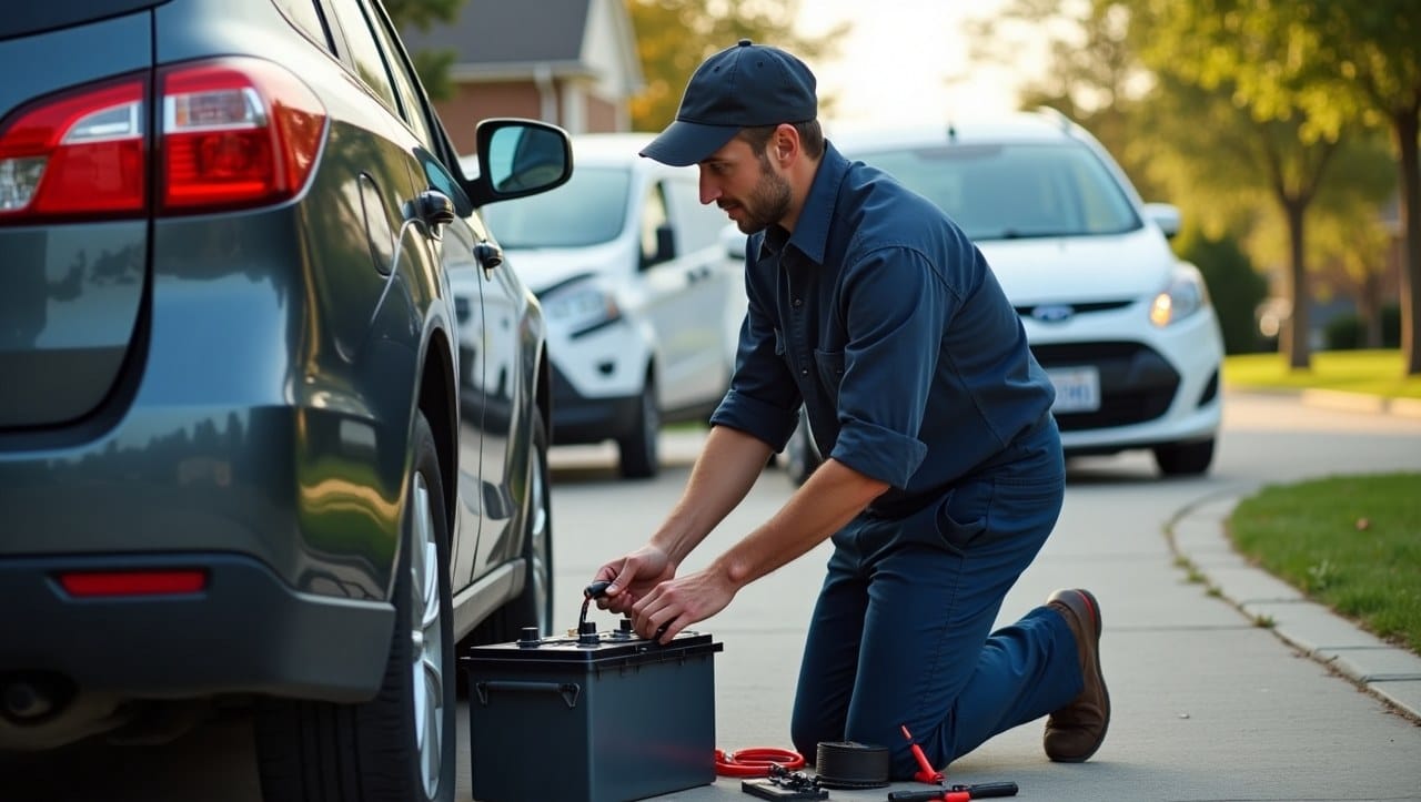 A professional mobile mechanic in uniform replacing a car battery in a residential driveway in Columbus, OH, with tools neatly arranged and a service van nearby.